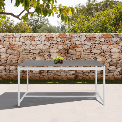 Campblin Outdoor Dining Table in Aluminum and Teak with Stone Top