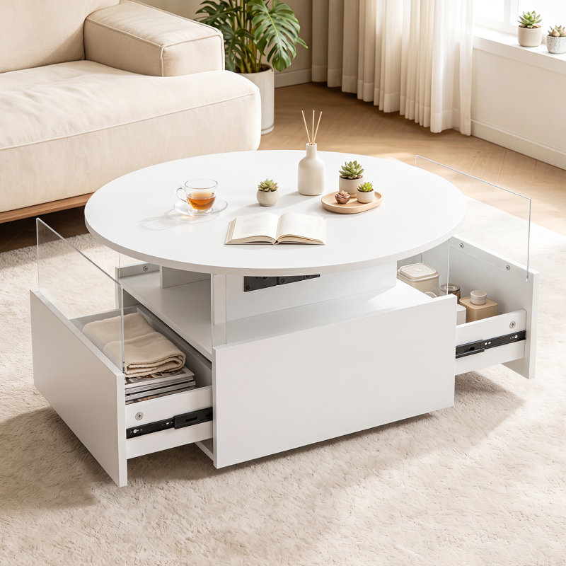 Solid Round Coffee Table with Two Drawers, White