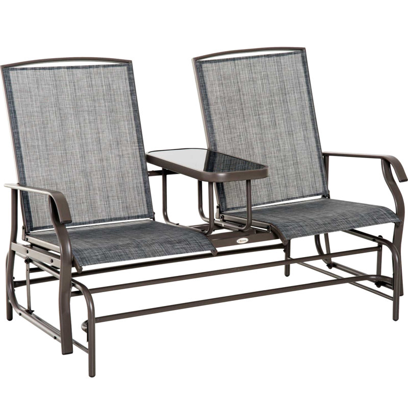 Patio Glider Bench With Center Table In Gray. Metal Frame For Backyard Garden Porch. Double Gliding Relaxation. Breathable Fabric . Supports 726 Lbs. Total.  Outdoor Coffee