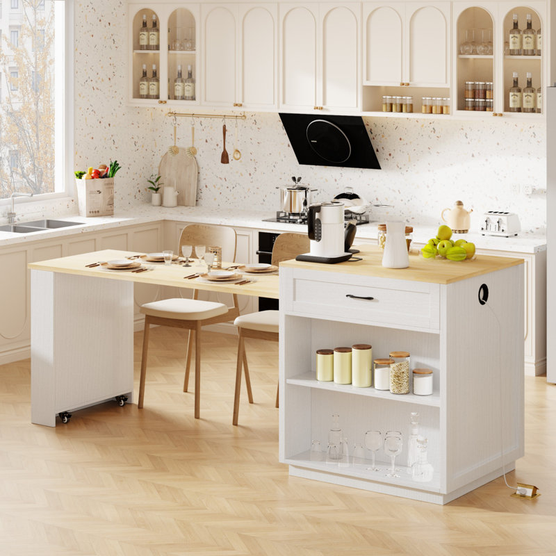 Îlot de cuisine extensible à deux tons de 82,7 po avec table de salle à manger pour 6, prises et tiroirs de rangement
