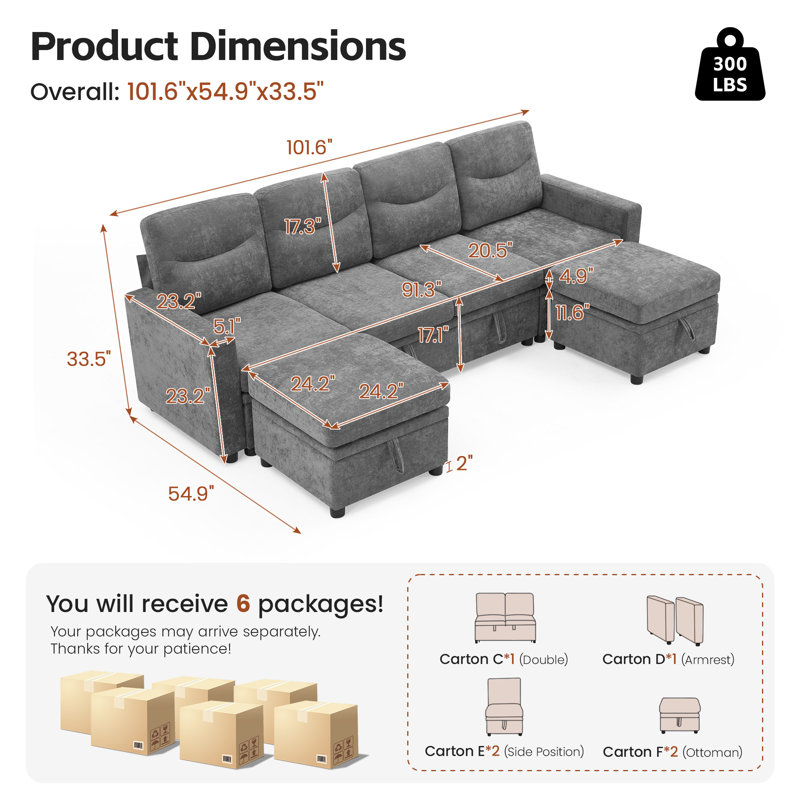 Canapé d'angle modulaire 6 places en forme de U de 259 cm avec rangement, Rangement en U 6 places, Chenille gris clair