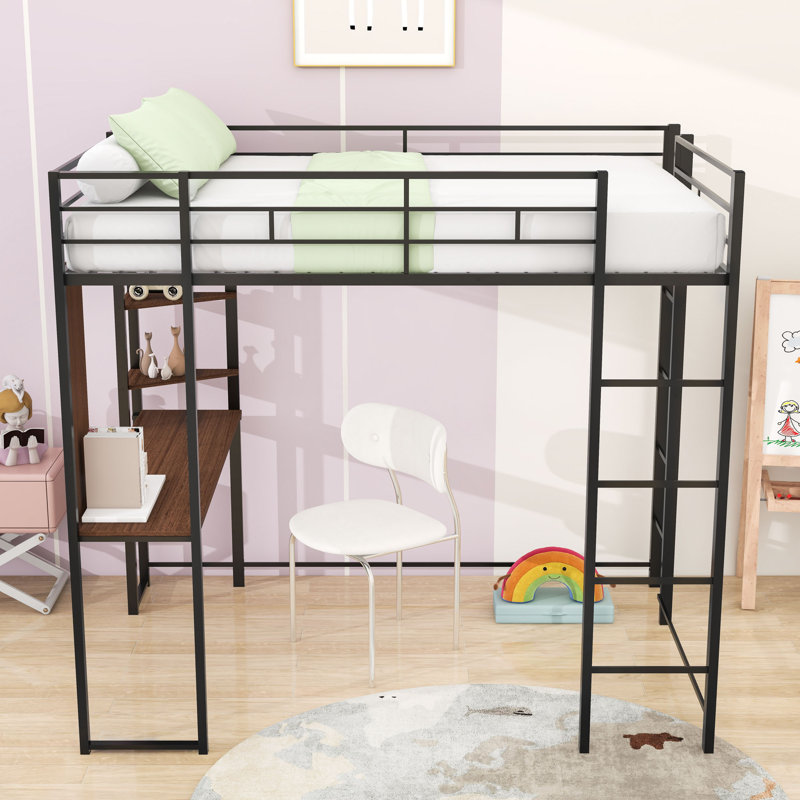 Full Metal Loft Bed With Integrated Desk And Shelves, Black