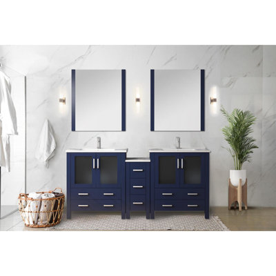 Montagu Navy Blue 72 In. Double Vanity For Bathrooms, Side Cabinets, Ceramic Top, 28 Mirrors, Soft - Closing Mechanism, Bath W Blue, Close, Two Cabinets & Seven Drawers Storage