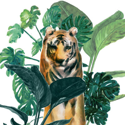 Jungle Tiger Surrounded By Monstera - Wrapped Canvas Painting