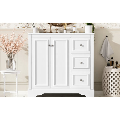Meuble-lavabo de 36 pouces avec lavabo en céramique, 2 portes à fermeture en douceur et tiroir divisé, conception transitionnelle élégante de 36 po, 3 tiroirs, charnières
