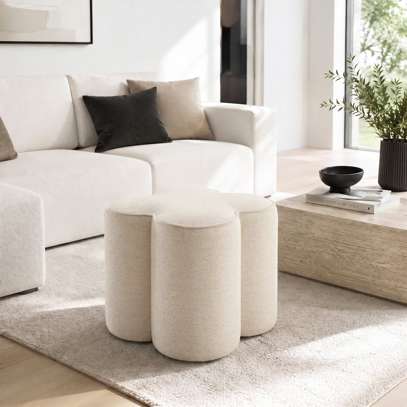 Pouf d'appoint capitonné en lin, forme trèfle à quatre feuilles, 47 cm de large, Leiani, pour salon, chambre et coiffeuse