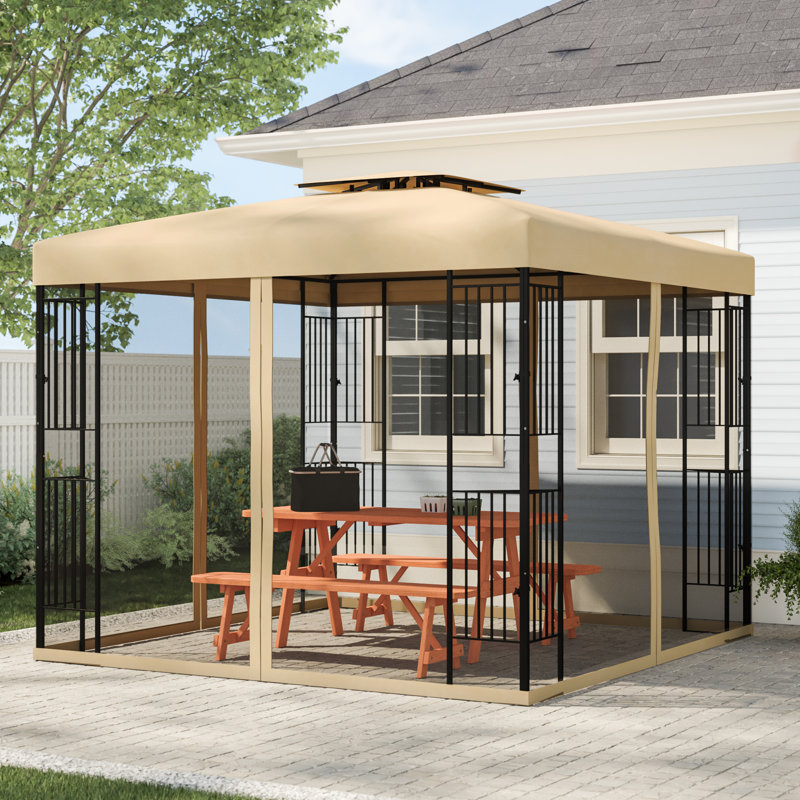 Tan Steel and Polyester Double Roof Patio Gazebo