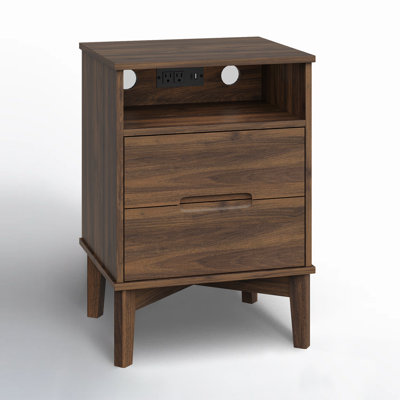  Mid-Century Modern Nightstand with Open Shelf and Charging Station