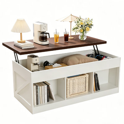 47.2" Hydraulic Lift Top Coffee Table with Hidden Storage, Farmhouse Industrial Style Accent Table, Sturdy Wood & Metal Construction, Safe Lift Mechanism, for Living Room Office.