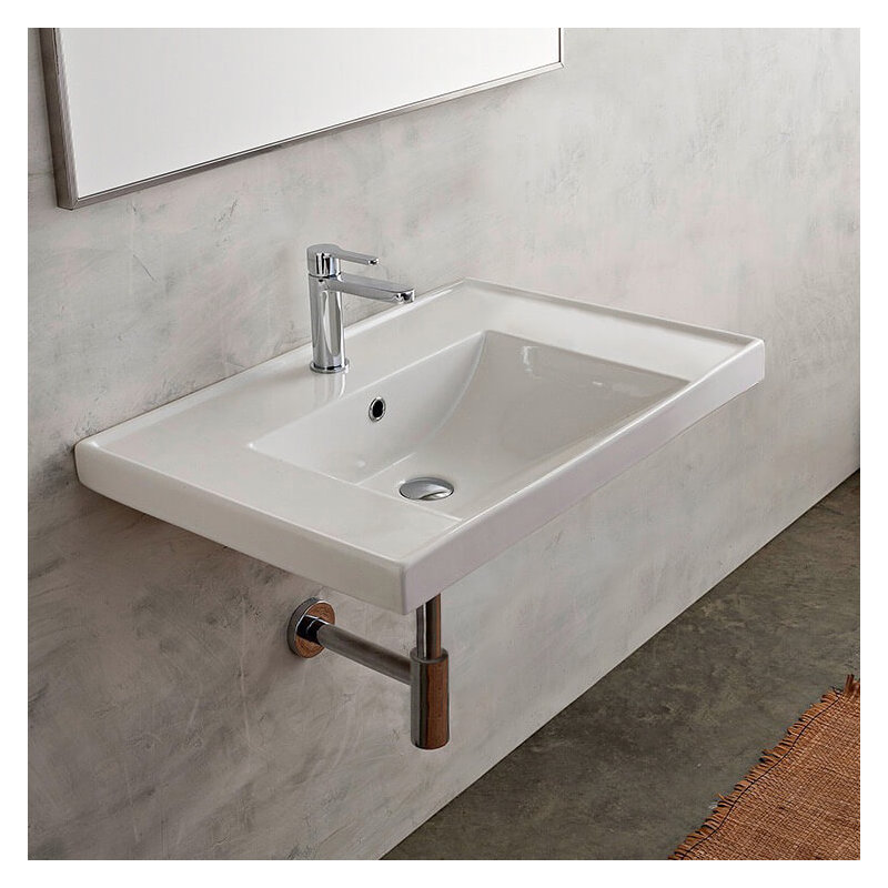 Lavabo de salle de bain rectangulaire encastré en céramique blanc brillant ML avec trop-plein, Monotrou