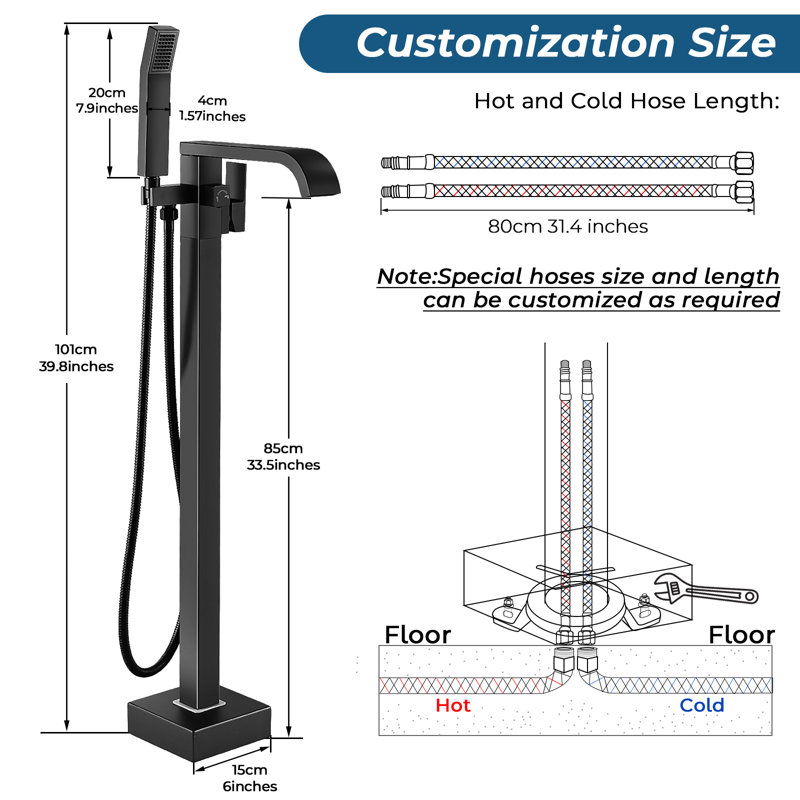 Free Standing Tub Faucet Floor Mount Tub Filler Bathroom Faucet Single Handle with Hand Shower, Matte Black