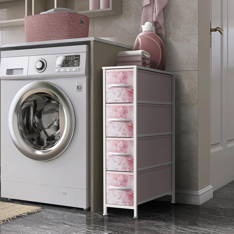  4 Drawers Narrow Dresser with Steel Frame, Wood Top & Fabric Bins in Tie Dye, Pink
