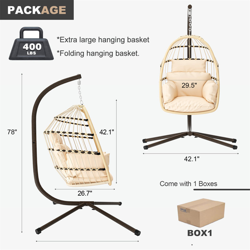 Chaise de patio suspendue avec coussin et support pour l'intérieur et l'extérieur, Beige