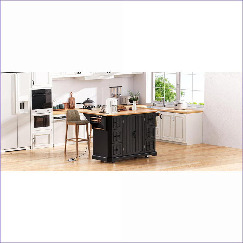 Latitude Run® Kitchen Island with Drop Leaf & Power Outlet - 56 Inch ...