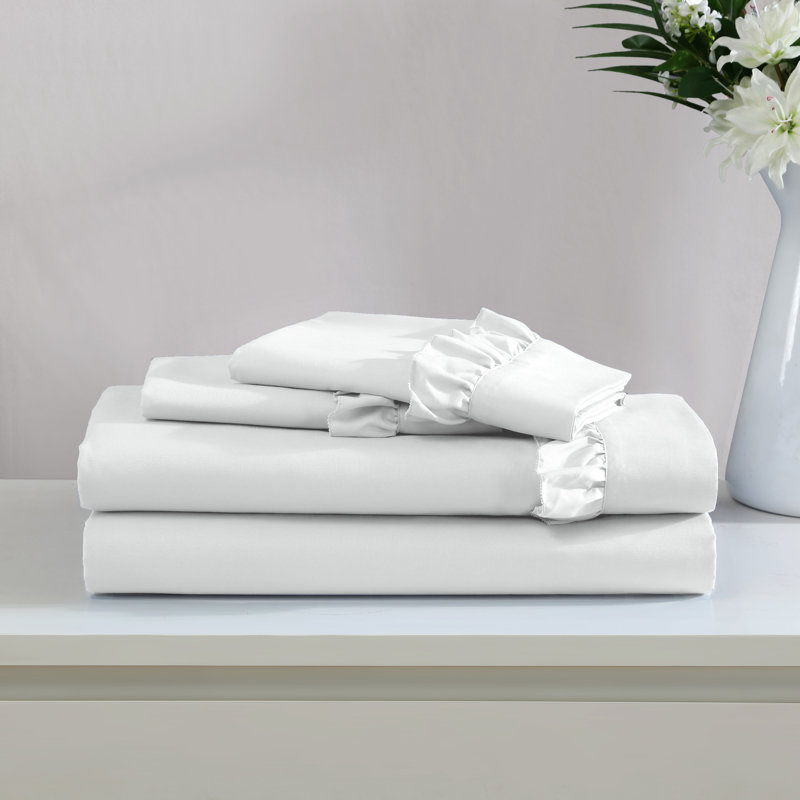 Ensemble de draps en microfibre à ourlet à volants ultra doux, Blanc, Ensemble de draps pour grand lit avec 2 taies d'or