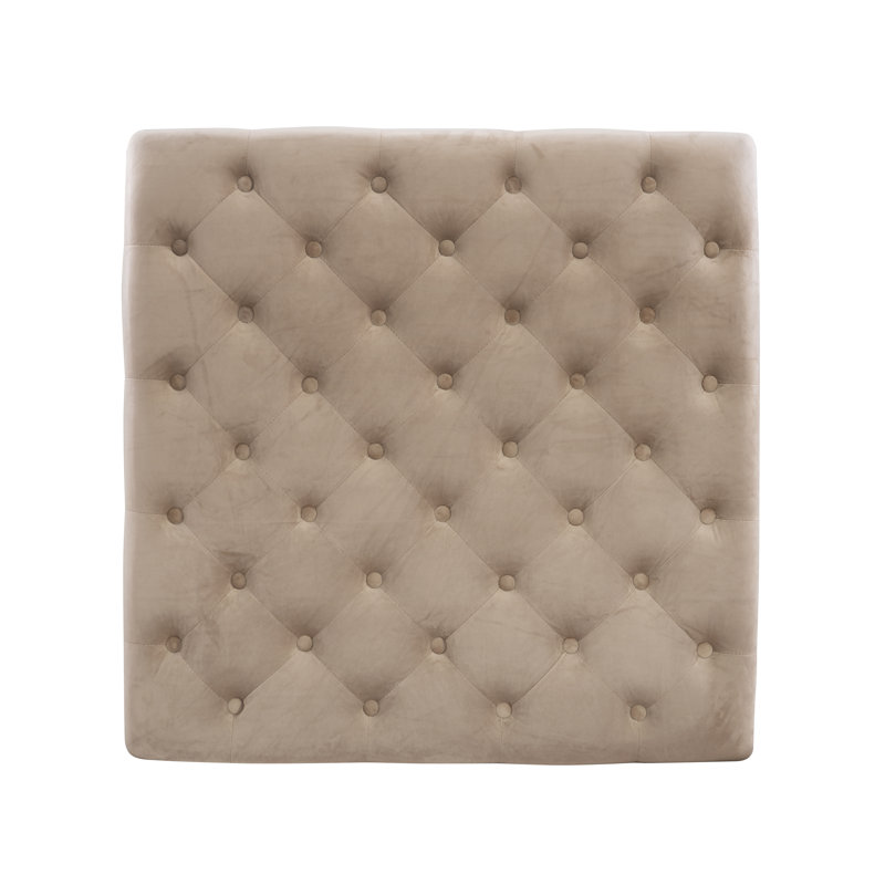 Vintage Tan Velvet Tufted Ottoman with Antique Brass Nailheads