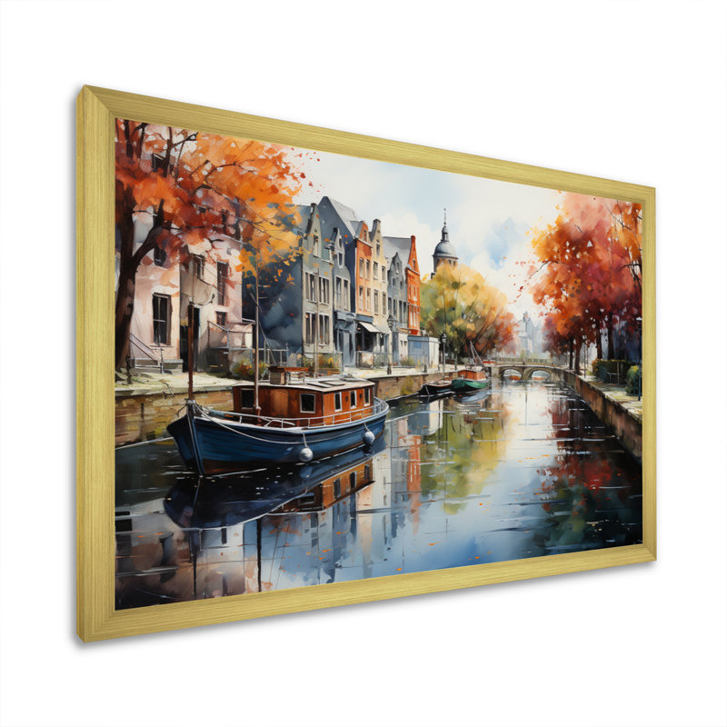 Orange Canal Vibrant Water Point Pointillism - impression, H 24 po x l 32 po x P 1 po, Encadrement doré