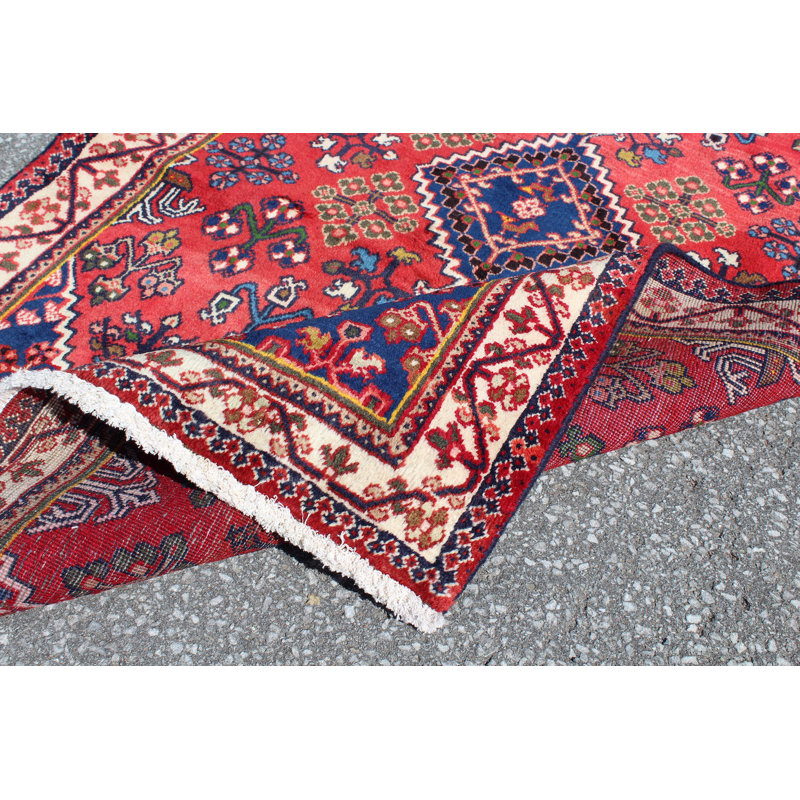 Tapis décoratif en laine rouge noué à la main des années 1990 de conception unique 3 pi 5 po x 5 pi 3 po Briyana
