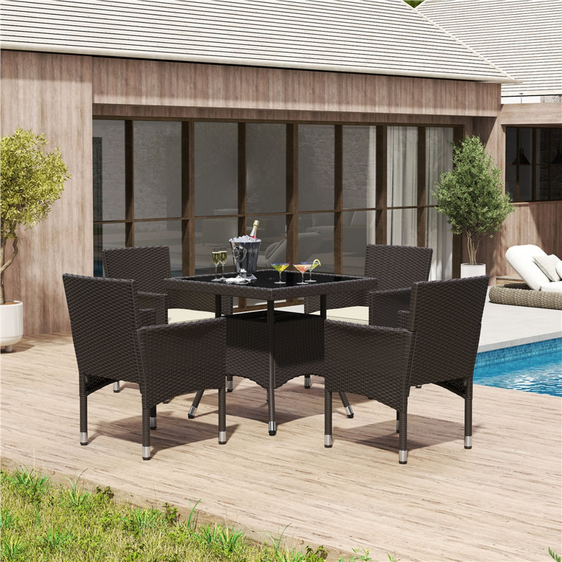 Ensemble de salle à manger en rotin PEHD pour 4 personnes avec trou pour parasol