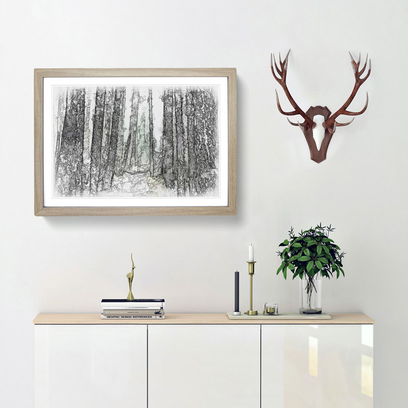 View of a Pine Tree Forest Sketch - Picture Frame Graphic Art Print, 62cm H x 87cm W x 2cm D, Oak Framed