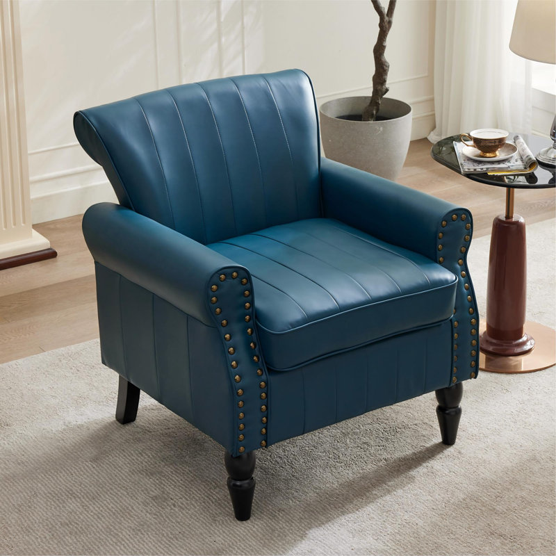 Upholstered Armchair Nailhead Trim Accent Chair with Rolled Arm, Blue
