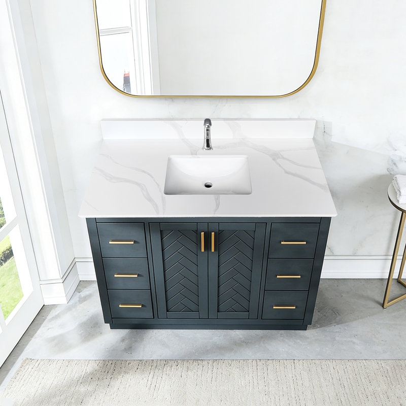 Meuble-lavabo en quartz blanc de 109 cm (43 po) pour salle de bain, lavabo central encastré, dosseret de 10 cm (4 po), un trou pour robinet, comptoir facile d'entretien avec lavabo central, haut de gamme, style américain luxueux prépercé