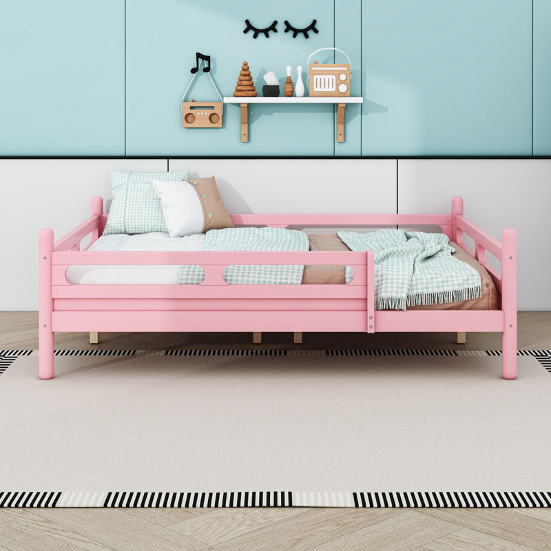 Lit plateforme en bois avec garde-corps de sécurité, conception à profil bas, Lit double, Rose