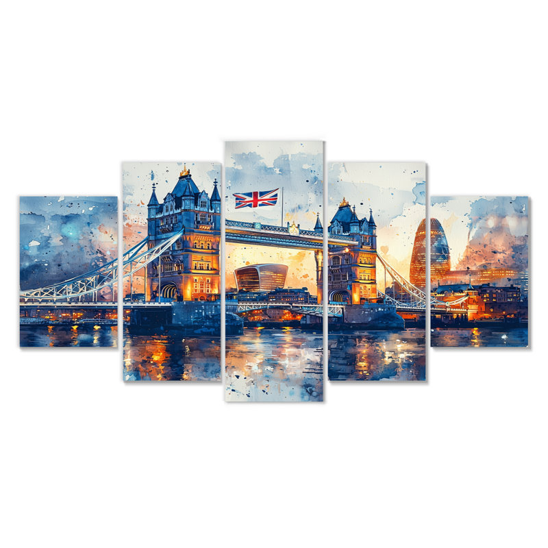 5 lumières au clair de lune sur un pont de Londres II - Angleterre, art mural traditionnel