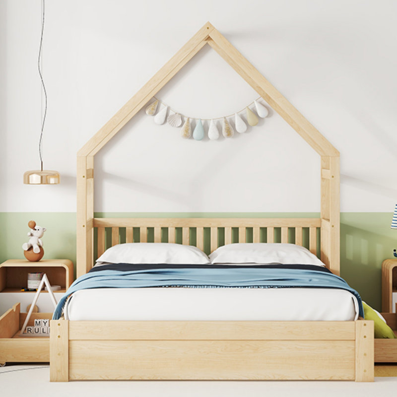 Grand lit plateforme en bois avec garde-corps, 2 tiroirs et structure robuste pour un sommeil sécuritaire et élégant
