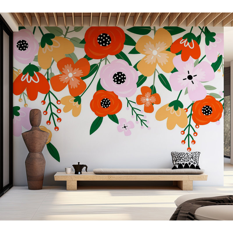 Papier peint floral - Fleur abstraite orange, L 41 po x l 59 po