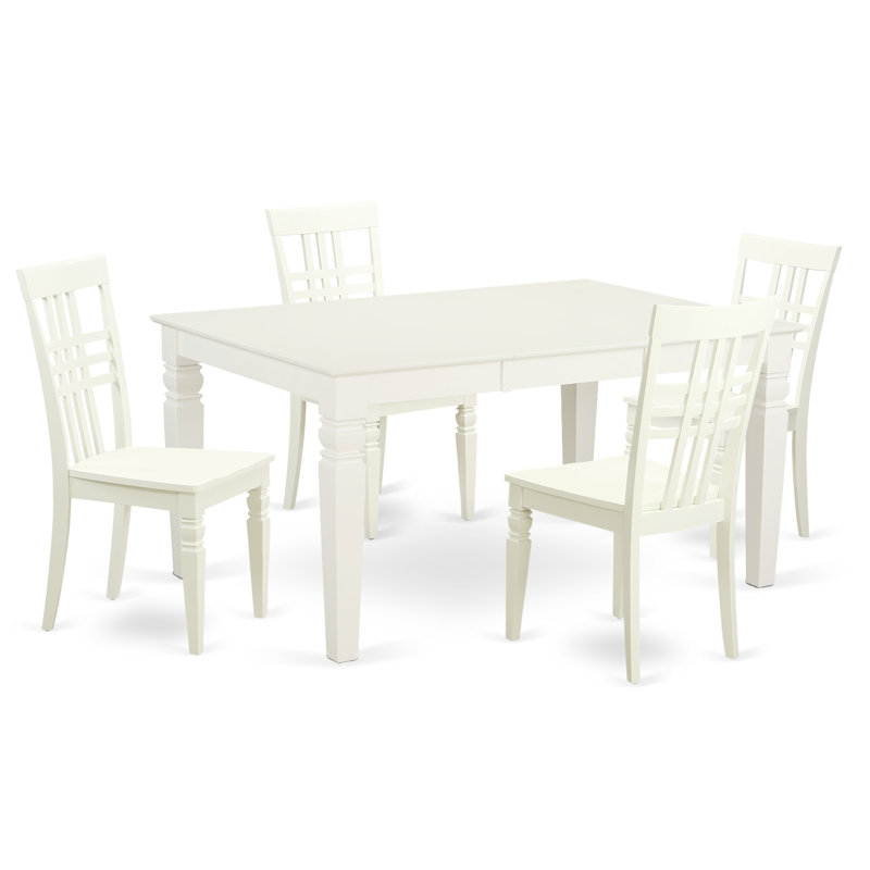 Ensemble de table de cuisine 5 pièces pour 4 personnes comprenant une table de salle à manger rectangulaire avec rallonge papillon et 4 chaises en bois massif, lin blanc