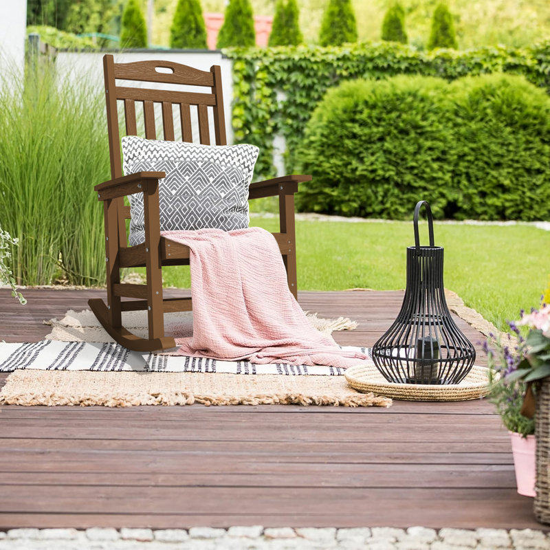 Outdoor Adirondack Rocking Chair HIPS All Weather Oversized Plastic Patio Chair Rocker, Brown