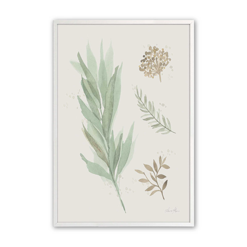 «Earthy Greens in Bloom I», H 37 po x l 25 po, Encadrement de coin ouvert blanc opaque