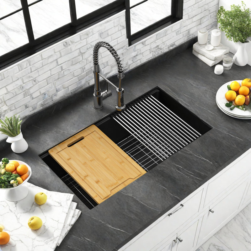 Évier de comptoir encastré en quartz noir 30 x 19 po - surface non poreuse, résistant aux taches et aux odeurs