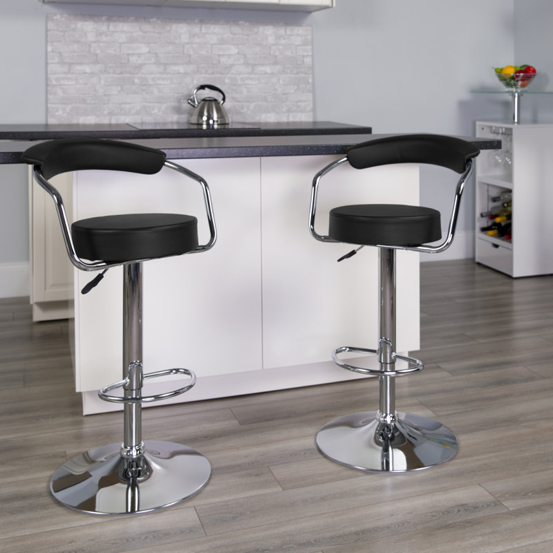 Damian Contemporary Vinyl Adjustable Height Barstool with Arms and Chrome Base, Black