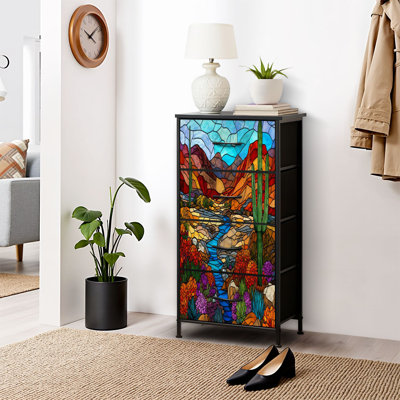 Dresser for Bedroom Dresser for Closet Southwestern Stained Glass Artwork Cactus Desert Flowers Dressers & Chests of Drawers Fabric Closet Organizers and Storage with 4 Drawers Storage Bins