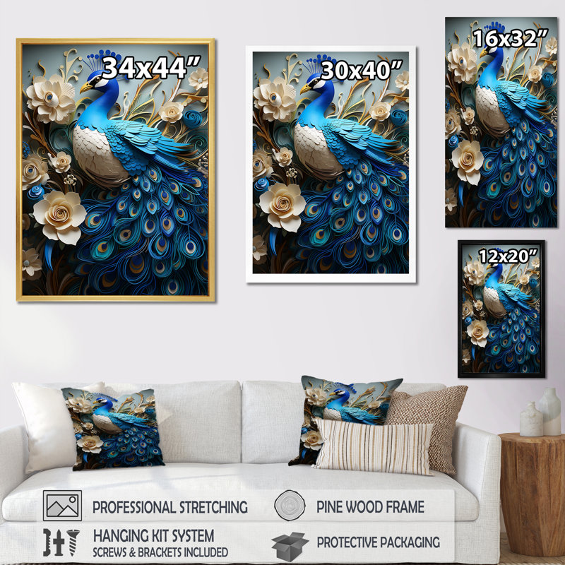 «Flower Peacocks Vibrant Show IV», reproduction sur toile, Cadre photo doré simple, H 32 po x l 24 po x P 1 po