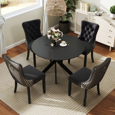 Round Wood Dining Set with Tufted Dining Chair