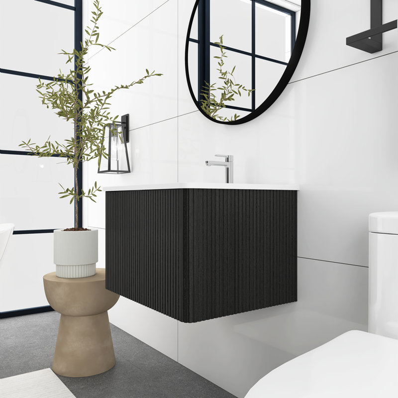 24 po Meuble-lavabo mural noir avec lavabo en céramique intégré