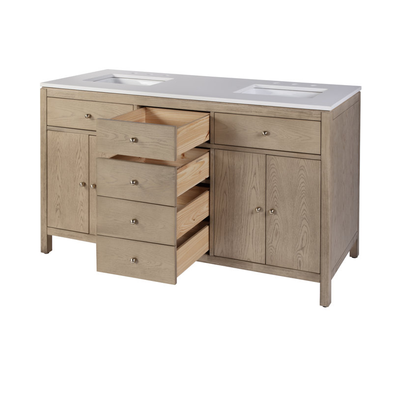 Meuble-lavabo double 60 po avec comptoir en quartz Celine, Light Oak