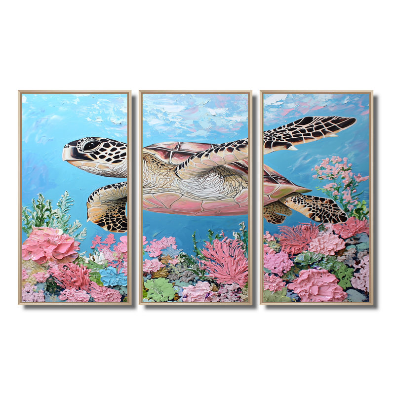 Tortue dans le récif de corail II - Ensemble de décoration murale tortue, H 28 po x l 36 po, Reproduction avec cadre flottant