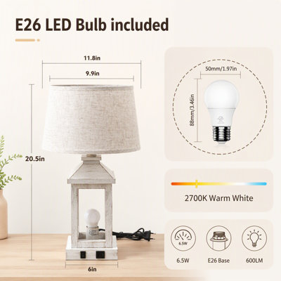 20.5" Vintage Table Lamp Set of 2 for Living Room, Farmhouse Industrial Nightstand/Bedside Lamp with USB C+A & Outlet, White End Table Lamp with Nightlight (Light Bulbs Included)