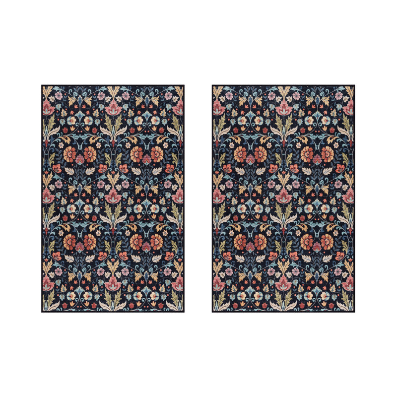 Rayna Verner Black Multi Machine Washable Bright Floral Indoor Area Rug, Flat Pile for Living Room & Bedroom - 3x4 2PK