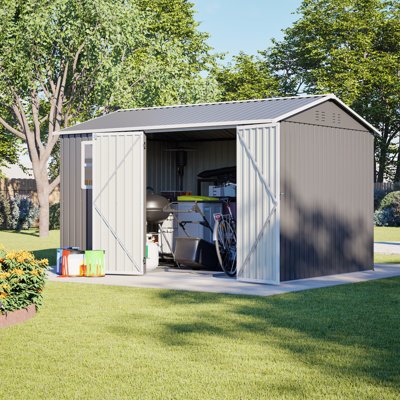 [10x8 FT] Outdoor Metal Storage Shed Kit with Reinforced Grid Frame, Window, Lock & 4 Air Vents