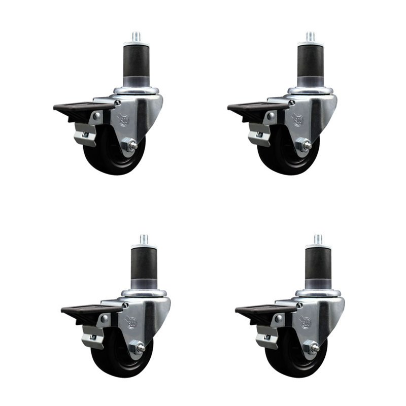 3 Inch Soft Rubber Swivel 1-5/8 Inch Expanding Stem Caster Set with Brake SCC