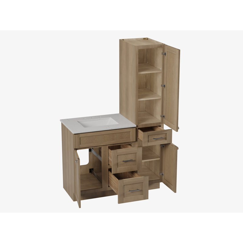 Meuble-lavabo simple autoportant 46 po avec armoire à linge haute droite, comptoir en quartz de Carrare, 3 tiroirs