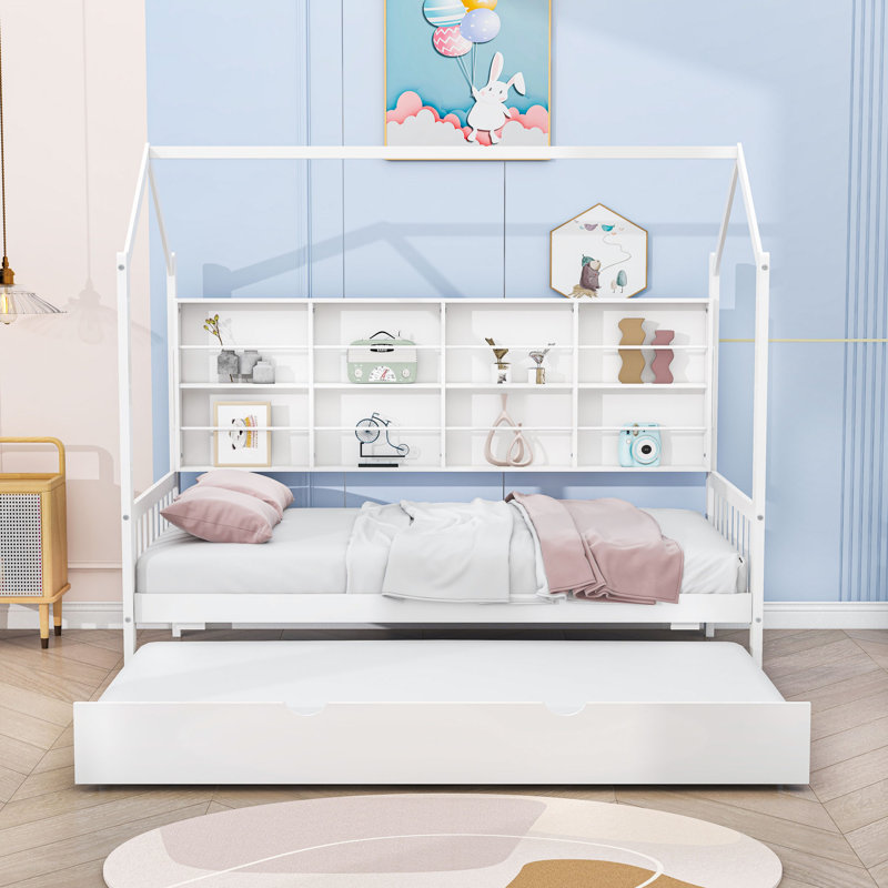 Kip Wooden Platform Bed with Trundle, White, Twin