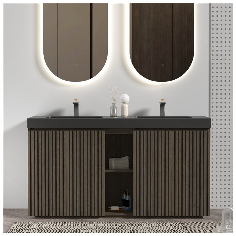 Meuble-lavabo autoportant en chêne fumé GALAN60F, Black/Oak/Smoke