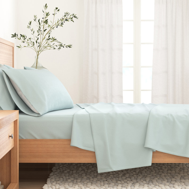 Ensemble de draps 100% flanelle de coton, Uni / bleu clair, Très grand avec deux taies d'oreiller
