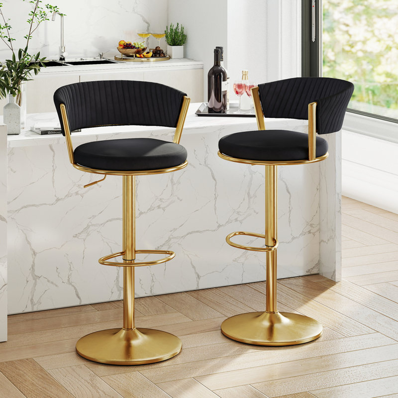 Adjustable 360° Swivel Bar Stools Counter Height Velvet Bar Chairs with Gold Metal Frame & Footrest, Black